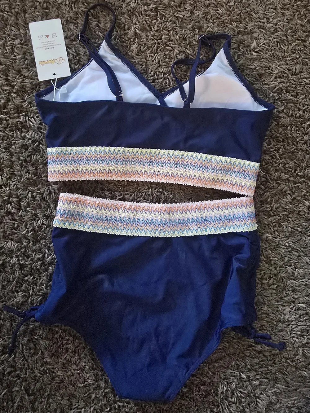 Girls. Navy High-Waist Bikini Set with Zigzag Trim. Size 15/16 Years. NWT.